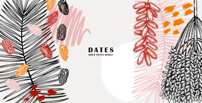 Collage-style background with dates palm leaves and dried fruits sketches. Hand drawn vegan food border design with oriental sweets vector illustrations. Vintage ripe dates trendy design